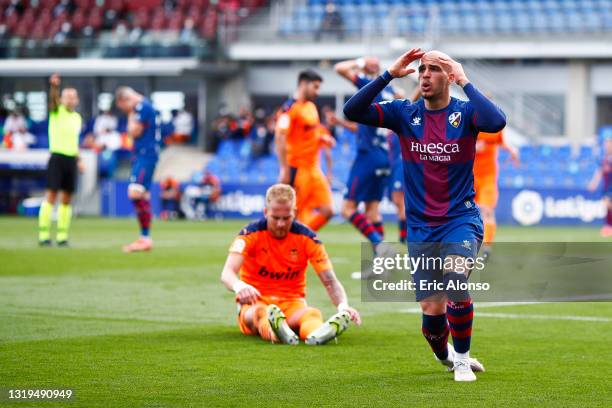 Sandro Ramirez of SD Huesca reacts during the La Liga Santander match between SD Huesca and Valencia CF at Estadio El Alcoraz on May 22, 2021 in...