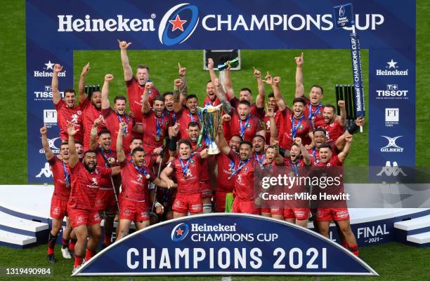 Antoine Dupont and Jerome Kaino of Toulouse lifts the Heineken Champions Cup during the Heineken Champions Cup Final between La Rochelle and Toulouse...