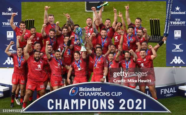 Antoine Dupont and Jerome Kaino of Toulouse lifts the Heineken Champions Cup during the Heineken Champions Cup Final between La Rochelle and Toulouse...