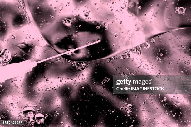 injecting cell with needle through microscope - piercing needle stock pictures, royalty-free photos & images