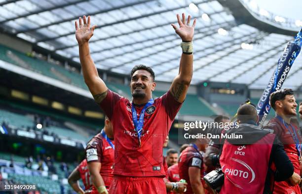 Jerome Kaino of Toulouse interacts with the crowd following the Heineken Champions Cup Final between La Rochelle and Toulouse at Twickenham Stadium...