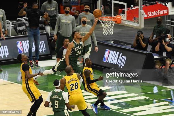 Giannis Antetokounmpo of the Milwaukee Bucks shoots in the first quarter against the Miami Heat during Game 1 of their Eastern Conference first-round...