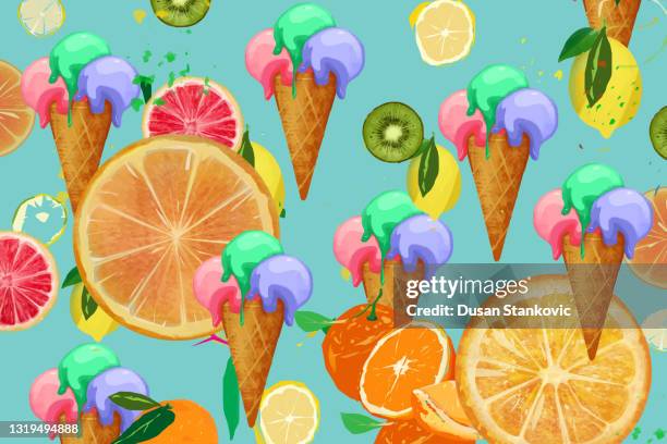 ilustraciones, imágenes clip art, dibujos animados e iconos de stock de patrón de helado en un cono - cuchara-de-helado