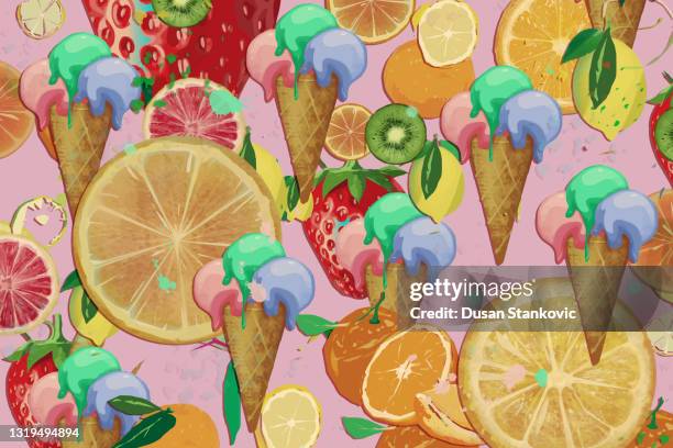 seamless pattern of ice cream in a cone and fruit - ice cream scoop stock illustrations