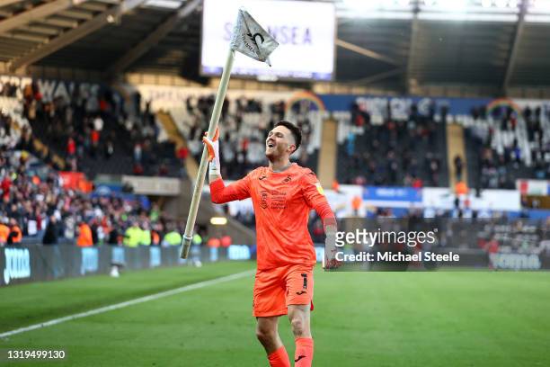 Freddie Woodman of Swansea City celebrates at full time following the Sky Bet Championship Play-off Semi Final 2nd Leg match between Swansea City and...