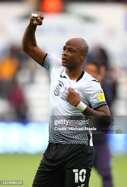 Andre Ayew of Swansea City celebrates at full time following the Sky Bet Championship Play-off Semi Final 2nd Leg match between Swansea City and...