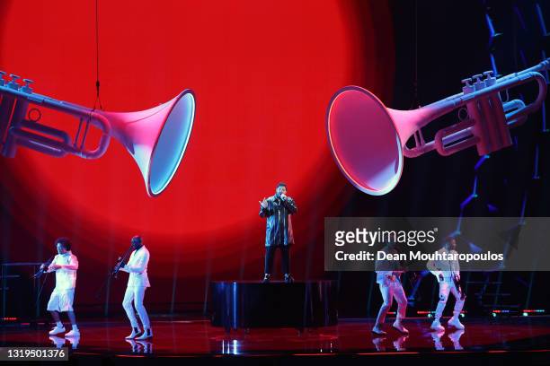 James Newman of United Kingdom during the 65th Eurovision Song Contest grand final held at Rotterdam Ahoy on May 22, 2021 in Rotterdam, Netherlands.
