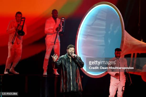 James Newman of United Kingdom during the 65th Eurovision Song Contest grand final held at Rotterdam Ahoy on May 22, 2021 in Rotterdam, Netherlands.