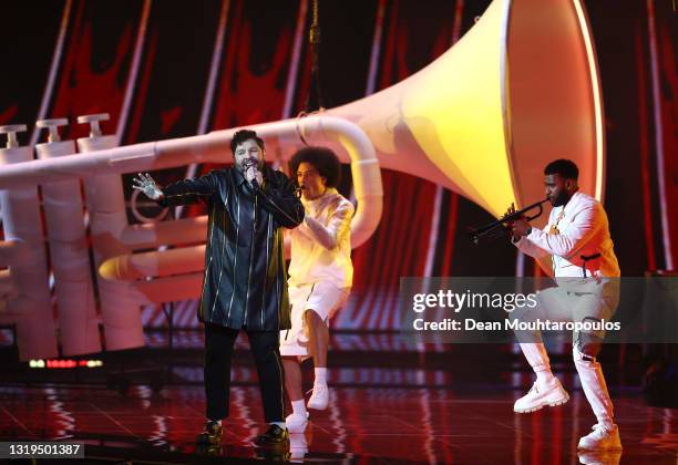 James Newman of United Kingdom during the 65th Eurovision Song Contest grand final held at Rotterdam Ahoy on May 22, 2021 in Rotterdam, Netherlands.