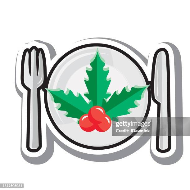 christmas flat design icon holiday dinner place setting with mistletoe - christmas table setting stock illustrations