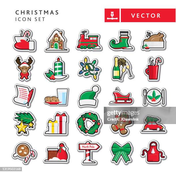 christmas flat design icon set with black outline - ginger bread man stock illustrations