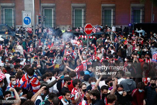 Atletico de Madrid supporters celebrate winning the Spanish football championship, La Liga, after Atletico de Madrid beat Real Valladolid, at The...