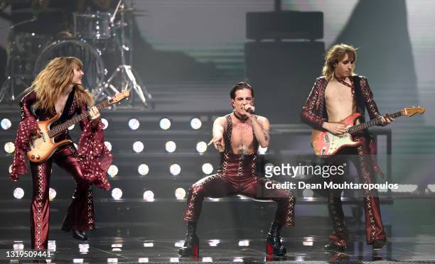 Victoria De Angelis, Damiano David and Thomas Raggi from Måneskin of Italy perform the song “Zitti e buoni” during the 65th Eurovision Song Contest...