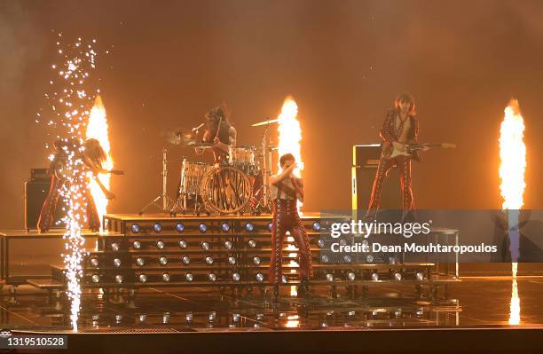 Victoria De Angelis, Ethan Torchio, Damiano David and Thomas Raggi from Måneskin of Italy perform the song “Zitti e buoni” during the 65th Eurovision...