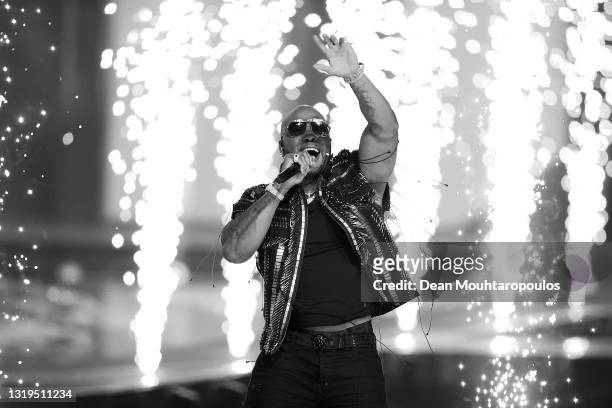 Rapper Flo Rida performs with Senhit Zadik Zadik 'Senhit' of San Marino during the 65th Eurovision Song Contest grand final held at Rotterdam Ahoy on...
