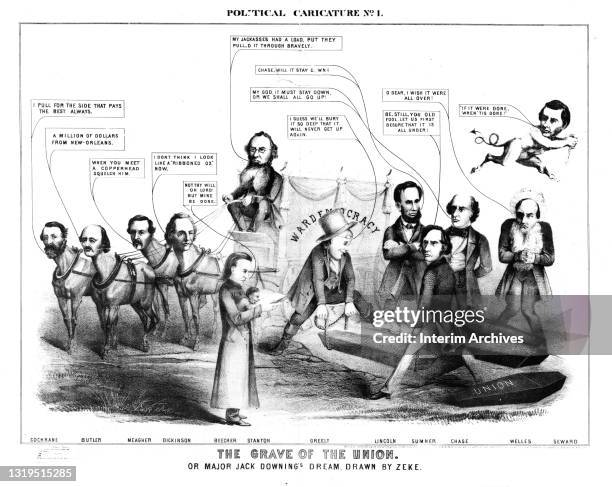 Anti-Lincoln political cartoon titled 'The Grave of the Union' or 'Major Jack Downing's Dream' showing Abraham Lincoln and various supporters in the...