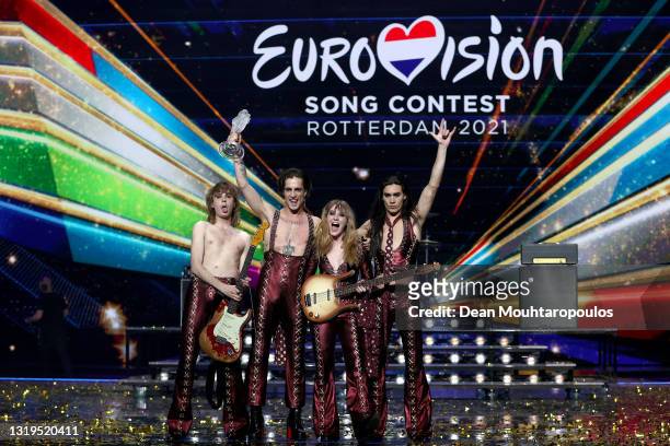 Thomas Raggi, Damiano David, Victoria De Angelis and Ethan Torchio of Måneskin from Italy react on stage to winning for the song “Zitti e buoni”...