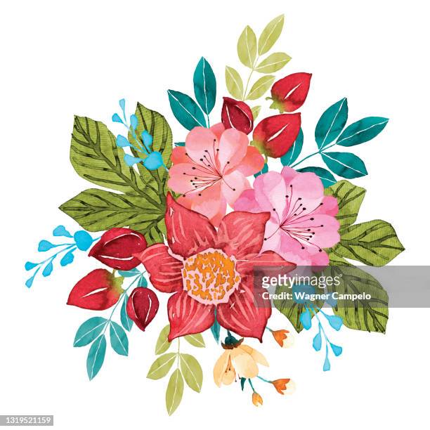 watercolor illustration of flower bouquet - aquarell blume stock-fotos und bilder