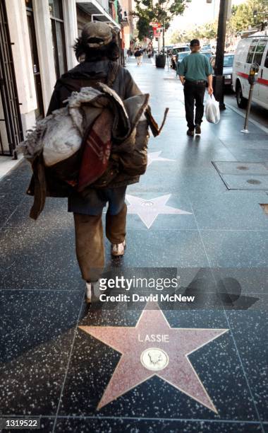 Man carries his pack and blankets past Lassie''s star on the Hollywood Walk of Stars December 14, 2000 in Hollywood, CA.