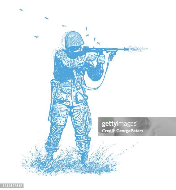 illustrations, cliparts, dessins animés et icônes de soldat de la seconde guerre mondiale tirant sur tommy gun sur omaha beach - d day