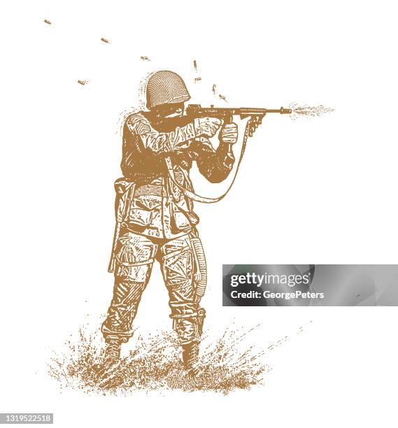 wwii soldier shooting tommy gun on omaha beach - allied forces stock illustrations