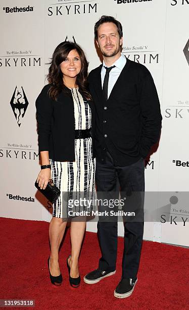Actress Tiffani Thiessen and husband Brady Smith arrive for The Elder Scrolls V: Skyrim video game launch event at Belasco Theatre on November 8,...