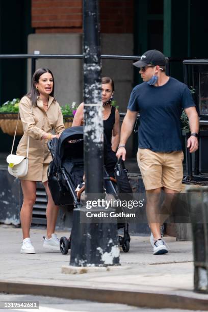 Lea Michele, Edith Sarfati and Zandy Reich are seen in Tribeca on May 22, 2021 in New York City.