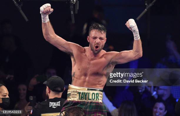 Josh Taylor reacts after his win by unanimous decision over Jose Ramirez in their junior welterweight world unification title fight at Virgin Hotels...