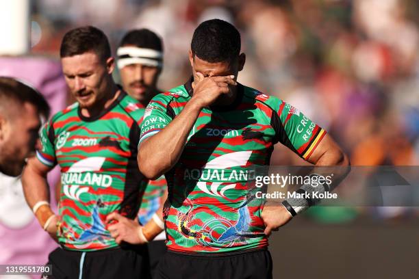 Cody Walker of the Rabbitohs looks dejected after a try during the round 11 NRL match between the South Sydney Rabbitohs and the Penrith Panthers at...