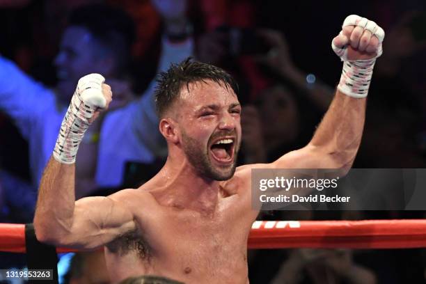 Josh Taylor reacts after his win by unanimous decision over Jose Ramirez in their junior welterweight world unification title fight at Virgin Hotels...