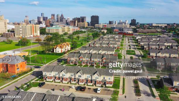aerial view of detroit downtown residential area michigan usa - detroit michigan stock pictures, royalty-free photos & images