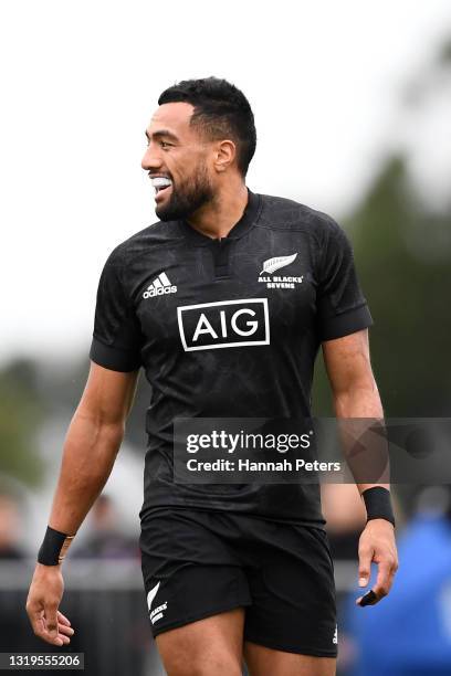 Sione Molia of the All Blacks Sevens looks on during the International Sevens Trans-Tasman Series match between the New Zealand All Blacks Sevens and...