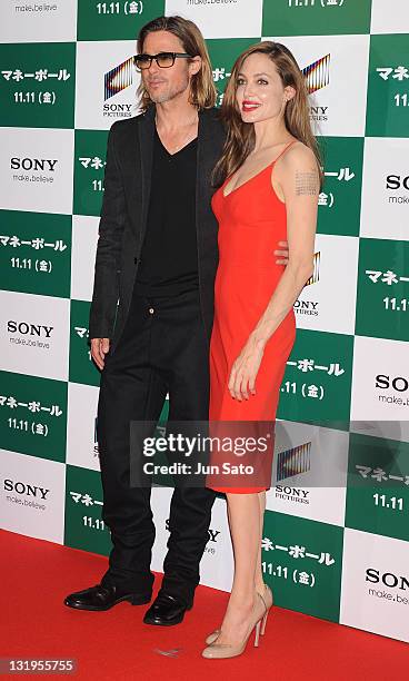 Brad Pitt and Angelina Jolie arrive at the premier of "Moneyball" at Tokyo International Forum on November 9, 2011 in Tokyo, Japan. The film will...