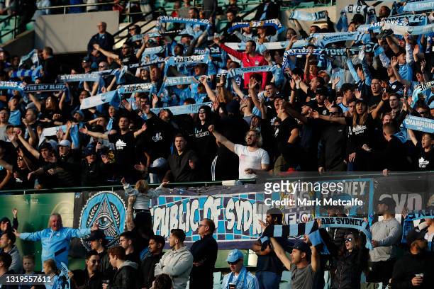 Sydney FC fans cheer during the A-League match between Sydney FC and Western Sydney Wanderers at Sydney Cricket Ground, on May 23 in Sydney,...