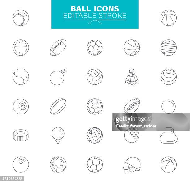 ilustraciones, imágenes clip art, dibujos animados e iconos de stock de iconos de bola trazo editable. contiene iconos como fútbol - deporte , baloncesto - pelota, pelota de tenis - bowling ball