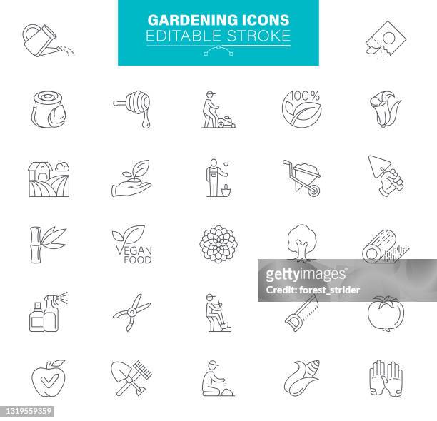 garten-icons editierbaren strich. enthält symbole wie pflanze, samen, blatt, baum, ökologie, landwirtschaft - gartenarchitekt stock-grafiken, -clipart, -cartoons und -symbole