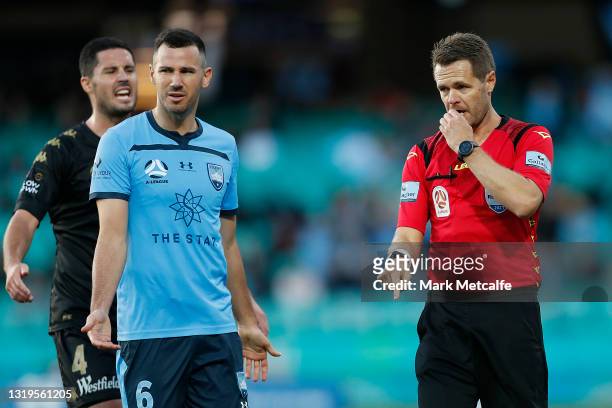 Ryan McGowan of Sydney FC reacts after the referee disallowed a goall by Bobo of Sydney FC during the A-League match between Sydney FC and Western...