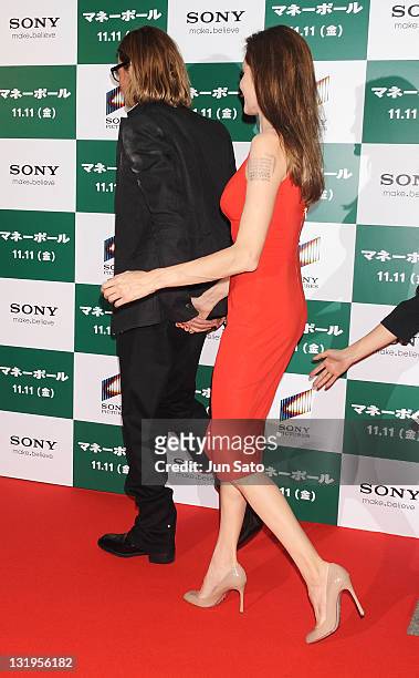 Brad Pitt and Angelina Jolie arrive at the premier of "Moneyball" at Tokyo International Forum on November 9, 2011 in Tokyo, Japan. The film will...