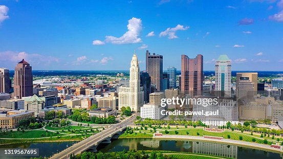 Aerial view of Downtown Columbus Ohio with Scioto river