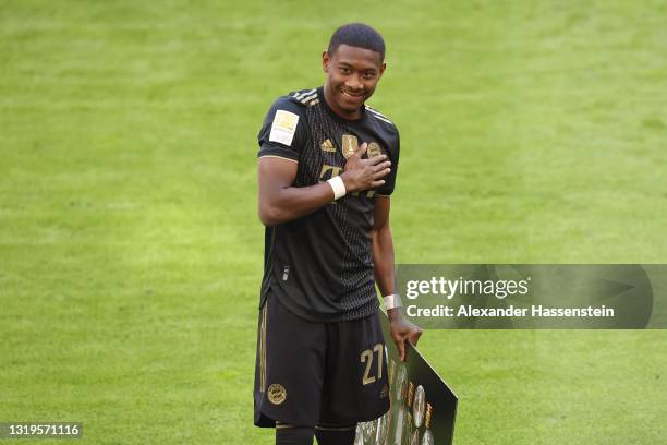 David Alaba of FC Bayern Muenchen reacts prior to the Bundesliga match between FC Bayern Muenchen and FC Augsburg at Allianz Arena on May 22, 2021 in...