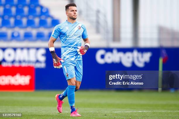 Alvaro Fernandez of SD Huesca looks on during the La Liga Santander match between SD Huesca and Valencia CF at Estadio El Alcoraz on May 22, 2021 in...