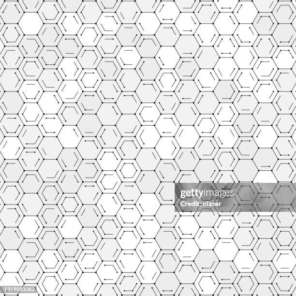 technology grayscale hexagons with marked corners and inner dots and lines - seamless honeycomb pattern stock illustrations