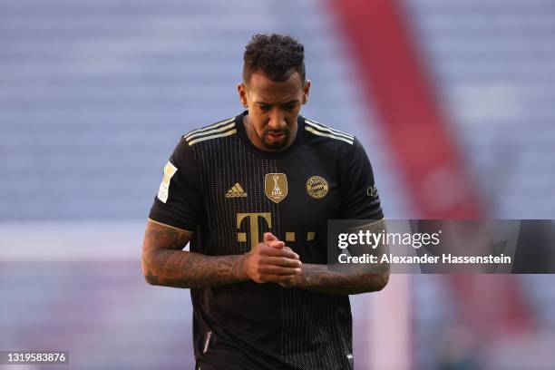 Jerome Boateng of FC Bayern München smiles during the Bundesliga match between FC Bayern Muenchen and FC Augsburg at Allianz Arena on May 22, 2021 in...