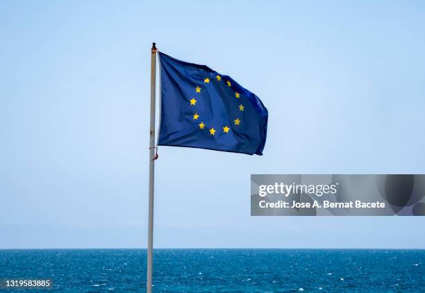 flag of the european union by the sea on a blue sky. - unión europea stock pictures, royalty-free photos & images