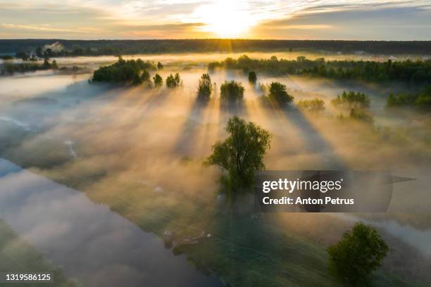 beautiful misty dawn in the spring on the river. aerial view - かすみ ストックフォトと画像