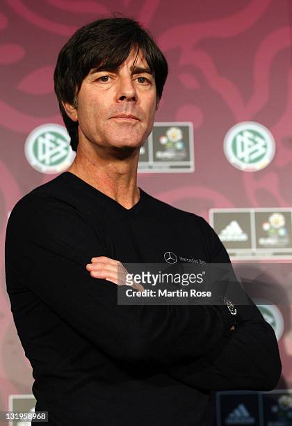Head coach Joachim Loew looks on during the Germany national team Euro 2012 jersey launch at Mercedes Benz Center on November 9, 2011 in Hamburg,...