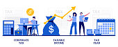 Corporate tax, taxable income, tax year concept with tiny people. Tax payment abstract vector illustration set. Company auditing, bookkeeping and accounting, finance analytics metaphor.