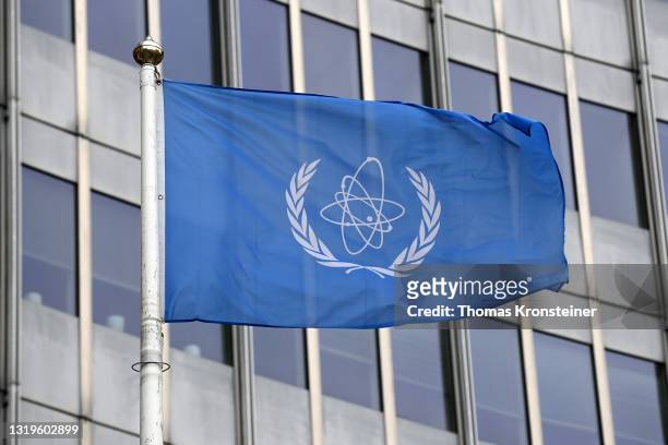 The flag of the International Atomic Energy Agency is seen among others ahead of a press conference by Rafael Grossi, Director General of the IAEA,...