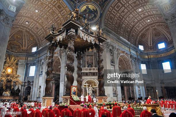 Pope Francis presides over a Mass on the Pentecost solemnity at the Altar of the Chair in Saint Peter’s Basilica on May 23, 2021 in Vatican City,...