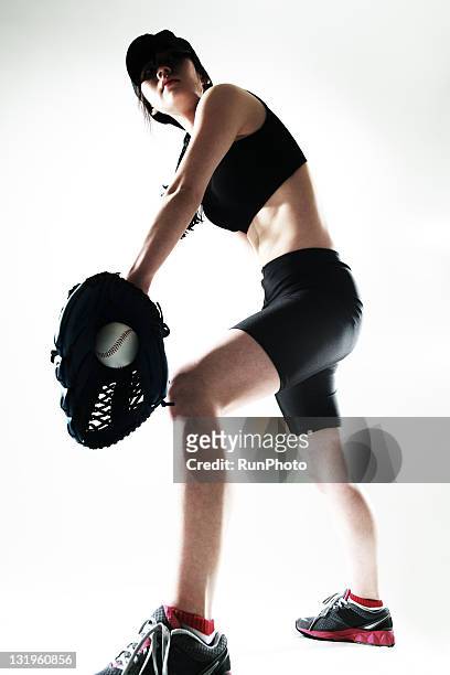 young woman training,baseball - baseball catcher ストックフォトと画像